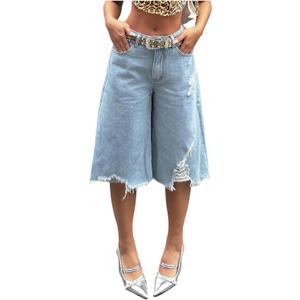 SOLY HUX Women's Summer Ripped Denim Shorts Y2k Wide Leg Baggy Cropped Jeans Capris Pants (Blue, XL)