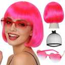 JoneTing Megenta Pink Bob Wig+Hair Cap+Sunglasses Neon Short Bob Wig Synthetic Party Wigs for Women Pink Funny Cosplay Wigs for Cosplay Halloween Party