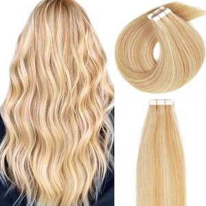 Loxxy Tape In Hair Extensions Piano Light Golden Brown Mixed With Platinum Blonde Real Remy Human Hair Tape ins Straight Double Sided Skin Weft Thick End 20pcs 50g 18Inch