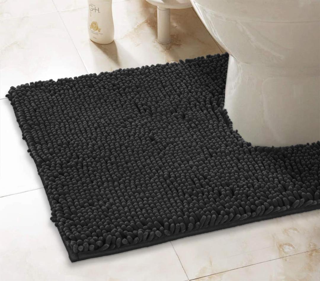 Black Bath Mat - U-Shaped Contoured Rug for Around Toilet, Super Absorbent Shaggy Bath Rug. Easy Machine Wash & Dry (20 x 23, Black)