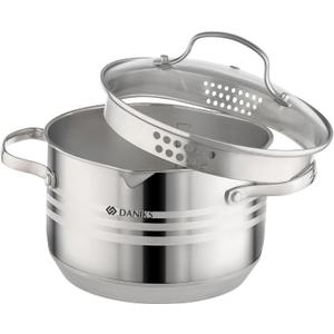 Daniks Tokio Stainless Steel Stock Pot 3 Quart, with Glass Strainer Lid, Induction Ready, Dishwasher Safe, Measuring Scale, Silver