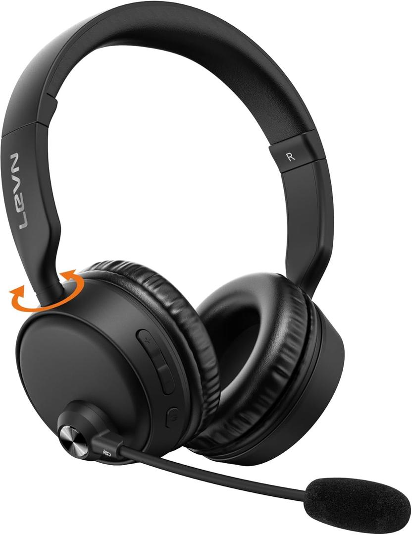 LEVN Bluetooth Headset with Microphone, 60 Hrs Working Time Dual Connection Bluetooth Headphones with Mic, Wireless Headset with Mic for Work/Video Meetings/Phone/Call Center/PC/Music/Zoom/Teams (Black)