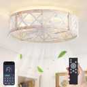 LEDIARY 20" Caged Ceiling Fan With Light, APP&Remote Control, Small Flush Mount Farmhouse Fan Lights, Low Profile Rustic Bladeless Ceiling Fan Fixtures For Bedroom, Kitchen-White Gold Color