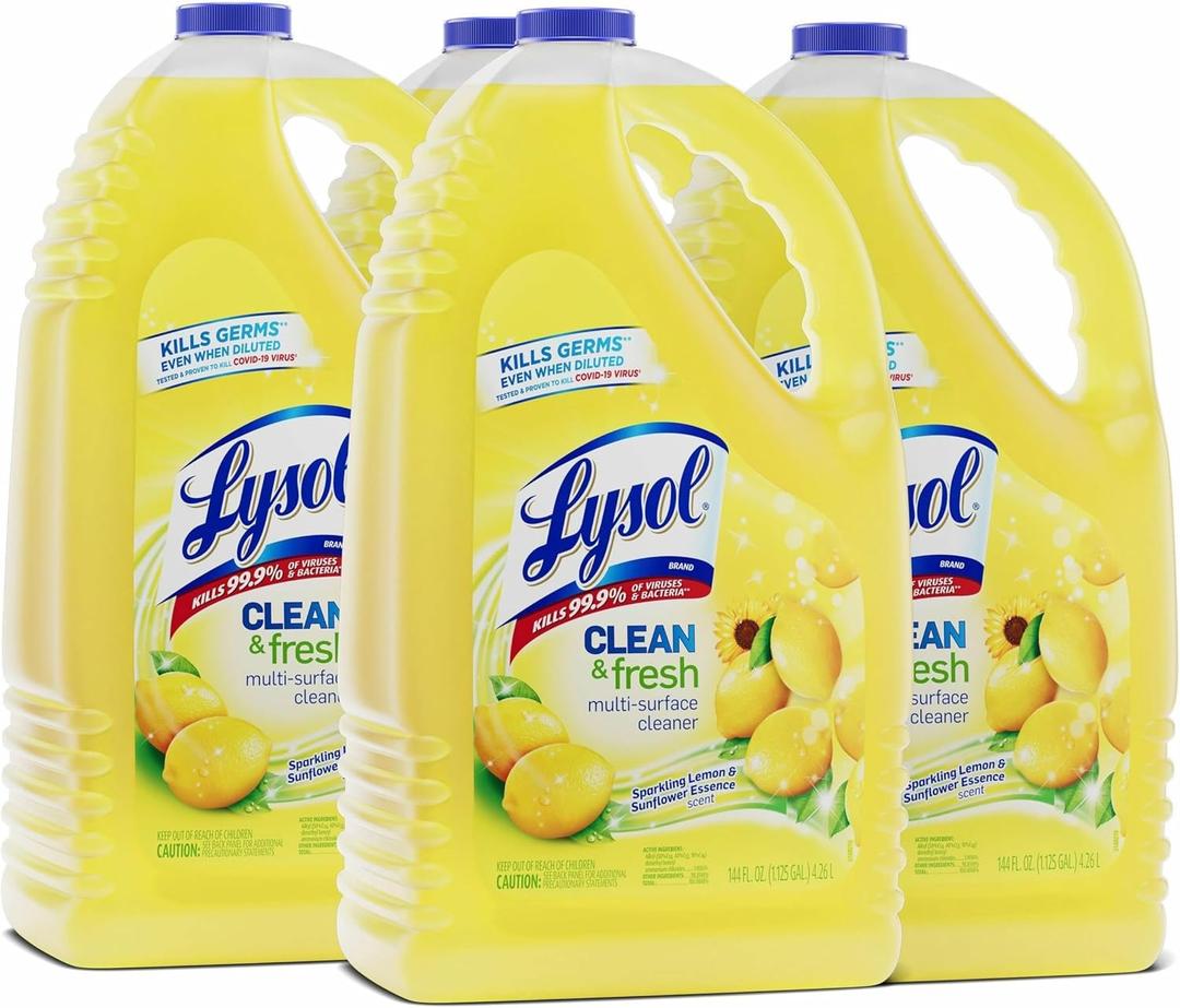 Lysol Multi-Surface Cleaner, Sanitizing and Disinfecting Pour, to Clean and Deodorize, Sparkling Lemon and Sunflower Essence, 144 Fl Oz (Pack of 4)
