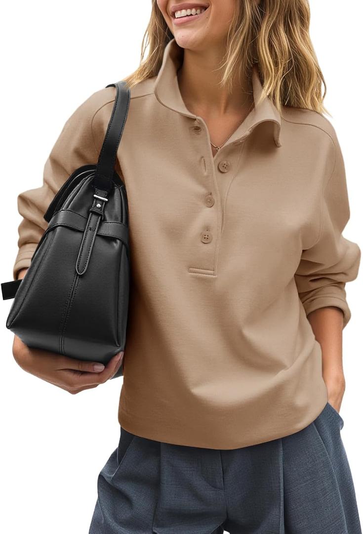Fisoew Womens Casual Sweatshirt Long Sleeve Button Collared Loose Fit Fall Pullover Tops (Small, Brown)