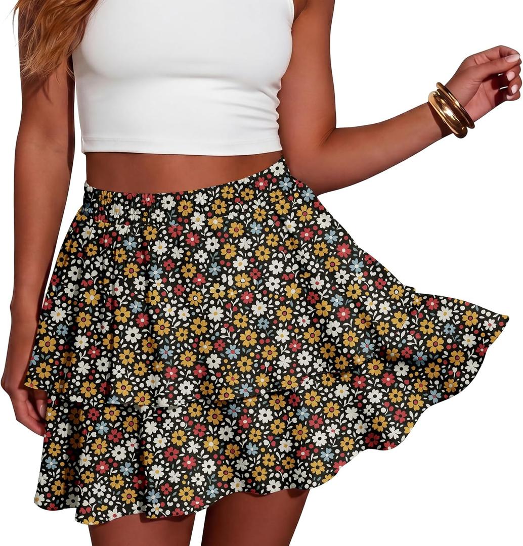 Lepunuo Boho Mini Skirts for Women Flowy Ruffle Tiered Skorts Skirts with Short Underneath with Pockets Beach Vacation (Medium, Floral Black Colorful)