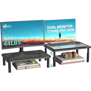 WALI Dual Monitor Stand for Desk, Desk Monitor Riser 3 Height Adjustable, Laptop Riser with Airflow Vents, Desk Organizer for Computer, Laptop, Printer, Notebook (STT003-2), 2 Pack, Black (Basic)