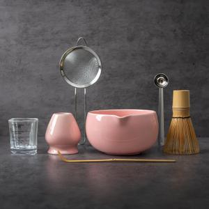 YIBO Matcha Whisk Set Pink, Handcrafted Bamboo Chasen & Ceramic Bowl Matcha Kit, Holder, Stainless Steel Sifter, Scoop Measuring Spoon & Cup Tools for Matcha Tea Ceremony
