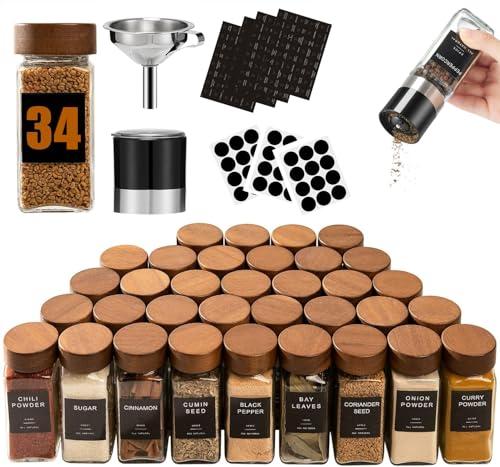 Yangbaga 30Pcs Glass Spice Jars with Labels-4oz Acacia Wood Lid Square Spice Containers with Pepper Grinder Lids &Funnel,Seasoning Jars for Rack Cabinet Drawer