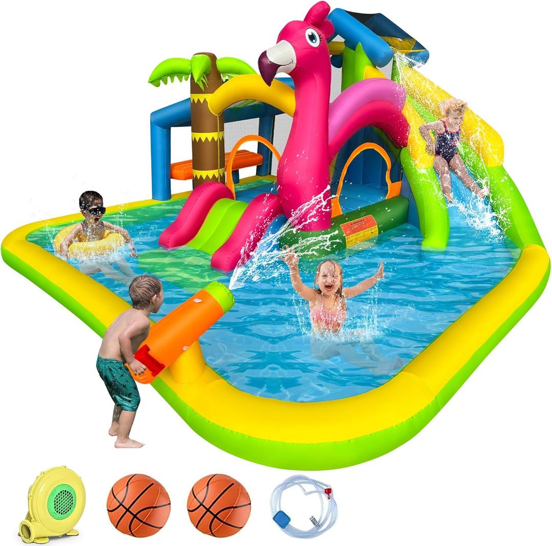 RETRO JUMP Inflatable Water Slide, Flamingo Water Park Bouncy Castle, 9 in 1 Waterslides with Climbing Wall, Splash Pool, Toy Market Stand, Bounce Area, Water Cannon, Basketball Rim, Sprinkler and Blower