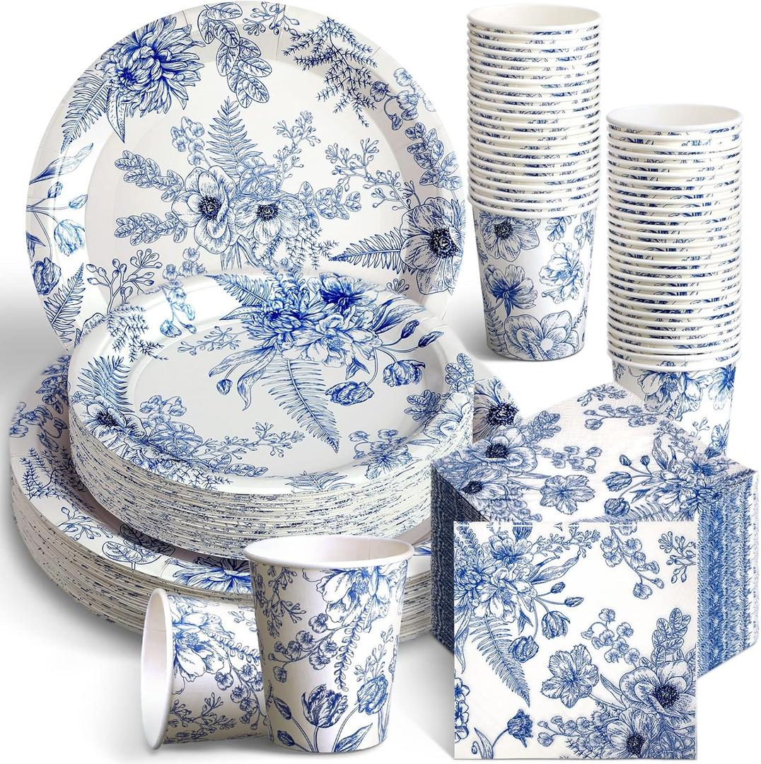 Dandat 250 Pcs Blue Disposable Plates and Napkins Floral Tableware Set for 50 Guests Disposable Plates Napkins Cups for Wedding Baby Bridal Shower Party Supplies (Flower)