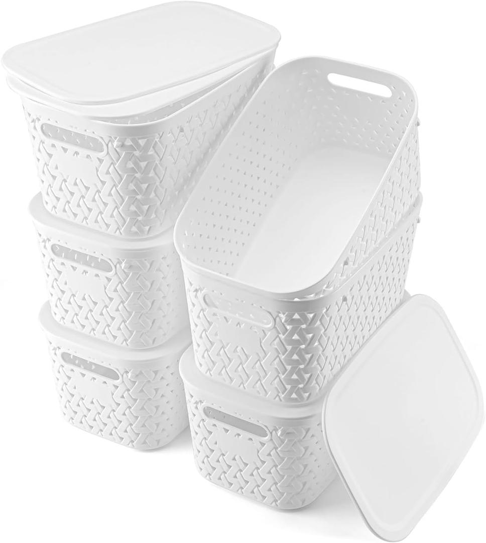Plastic Storage Bins with Lids 6 Packs,Stackable Bins Basket Pantry Decorative Containers with for Organizing Shelves Drawers Desktop Closet Playroom Classroom Office,White (White-Plastic Lids)