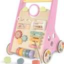 LOLFUN Wooden Baby Walker for Girls with Wheels, Push Walker for Girl 12 Months, Pink Baby Push Toy for 1 Year Old Walking