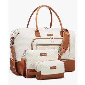 Weekender Bags for Women, Travel Duffle Bag Carry On Overnight Bag with Cosmetics Bag and Crossbody Purse for Gym Hospital, Gifts for Women, Beige Brown