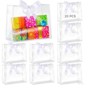 20 PCS Clear Plastic Gift Bags with Handles, 12 x 10 x 15 Inches Large Transparent PP Frosted Bags with Ribbon, Reusable Tote Bag for Party Favor, Baby Shower, Graduation, Wedding, Birthday