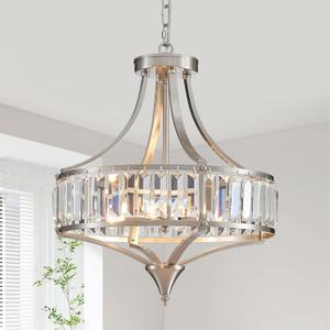 Crystal Chandeliers for Dining Room Rustic Farmhouse Pendant Round 4-Light Brushed Nickel Lighting Fixture for Dining Room Kitchen Island Hallway Bedroom Home Office