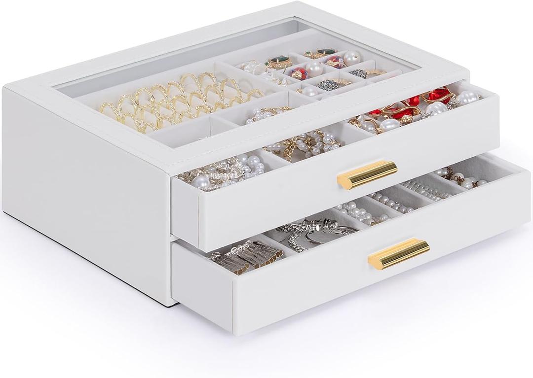 AKOZLIN Jewelry Box with Clear Lid Functional Leather Jewelry Storage Organizer Case 2 Drawers for Women Girls Necklace Ring Bracelet Earring (White-White)