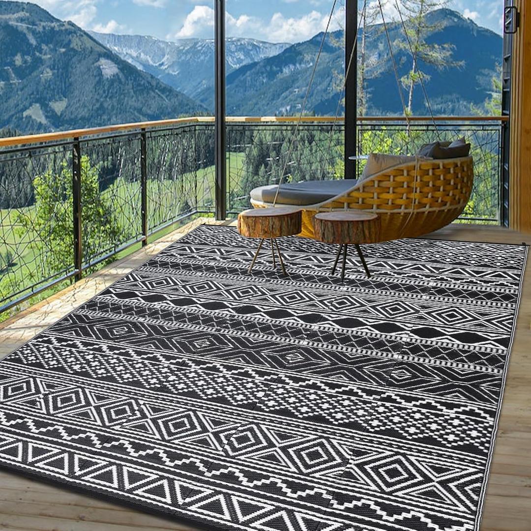 Outdoor Rug 8x10 Plastic Straw Rug Waterproof Reversible Mat Boho Vintage Large Outside Carpet Lightweight Easy Clean Patio Rugs for Outdoors, Backyard, Picnic, Patio, Deck, Black/White