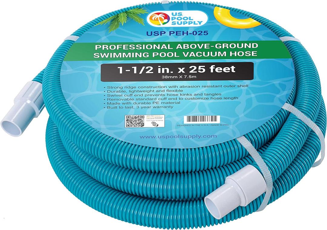 U.S. Pool Supply 1-1/2" x 25 Foot Professional Above Ground Swimming Pool Vacuum Hose with Swivel Cuff - Removable Cuff, Cut to Fit - Compatible with Filter Pumps, Filtration Systems, Chlorinators