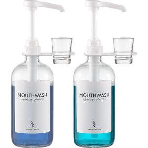 Glass Mouthwash Dispensers with Cup Holders and Pumps, 16 Oz Rustic Boho Mouthwash Dispensers for Bathroom Farmhouse Decor - 2 Pack Clear