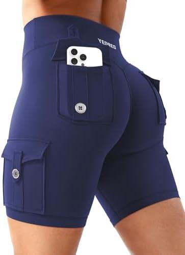 YEOREO CoreFlex Women Workout Biker Shorts with Cargo Pockets Hidden Scrunch High Waisted 8" Inseam Gym Shorts S