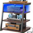 Armocity 4-Tier AV Media Stand with Power Strips, Corner TV Stand with LED Lights, Rack Audio Tower with Adjustable Shelves, Corner Entertainment Center, 30'', Black Walnut