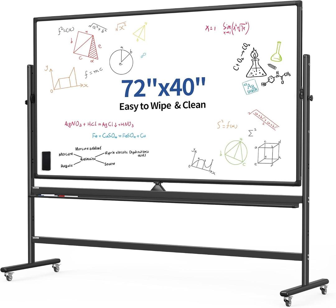 Large 72x40 Inch Mobile Whiteboard, Double-Sided Magnetic Dry Erase Board on 360-Degree Rolling Stand, Height-Adjustable, Reversible for Office, Classroom & Home Use