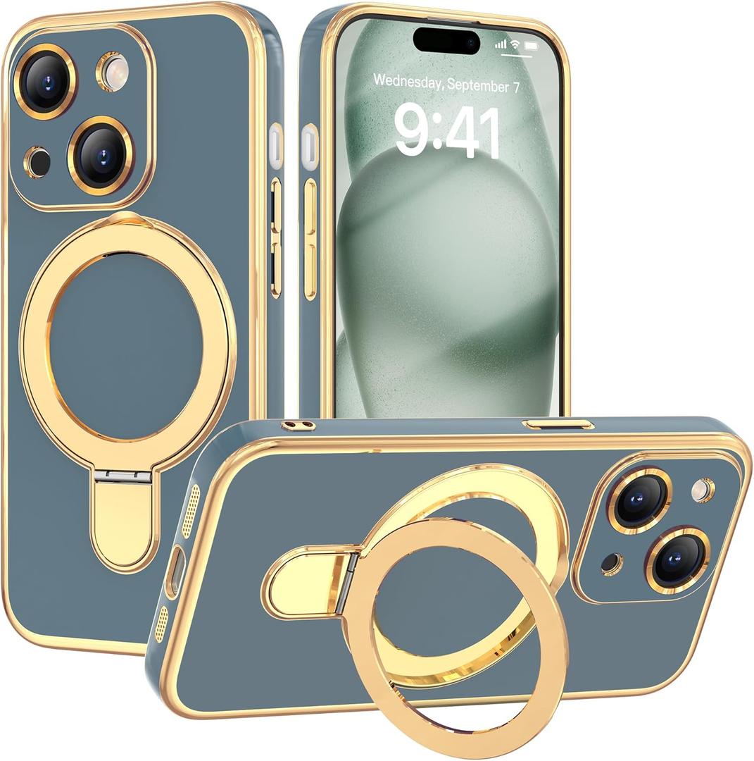 for iPhone 13 Case with Magnetic Ring Stand [Compatible Mag-Safe] [Military Grade Tested] iPhone 13 Phone Cases for Women Men, Gray Blue