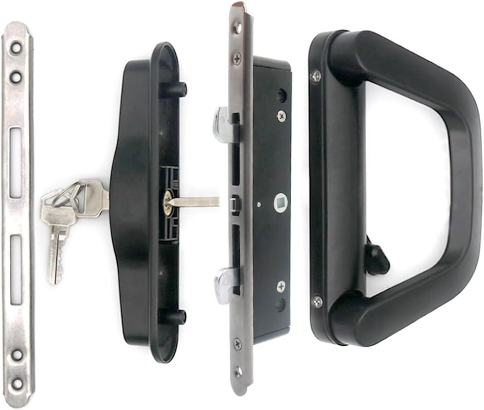 Patio Sliding Door Handle Set with Mortise Lock, Suitable for Sliding Glass Patio Door Thickness from 1.5in to 2in, 4-15/16" Screw Holes, Need to Drill, Reversible Design, Keyed (Black)