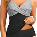 Tempt Me Women Tummy Control Tankini Swimsuit - Ruched Two Piece Bathing Suits Underwire V Neck Swimwear with Bottom 2026 (Large, Black Striped)
