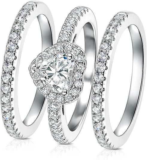 Three-in-One Heart Halo Wedding Band Set Engagement Ring 18K White Gold Yellow Gold Plated Cubic Zirconia Promise Eternity Ring for Women Size 5