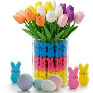 Easter Decorations,15pcs Artificial Tulips with 45pcs Bunny Vase Filler Kit, Ideal Easter Decorations for Spring Home Kitchen Table Centerpiece