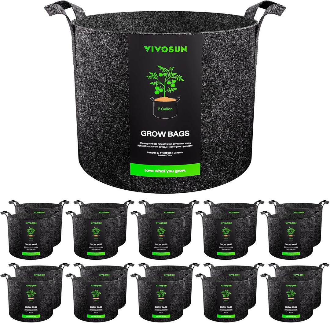 VIVOSUN 20-Pack 2 Gallon Grow Bags, Heavy Duty Thickened Nonwoven Fabric Pots with Handles for Flowers Fruits and Vegetables Black