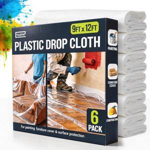 12 x 9 Ft Drop Cloths (6-Pack) Plastic Sheeting & Painters Plastic Tarps for Painting, Waterproof Floor & Furniture Protection