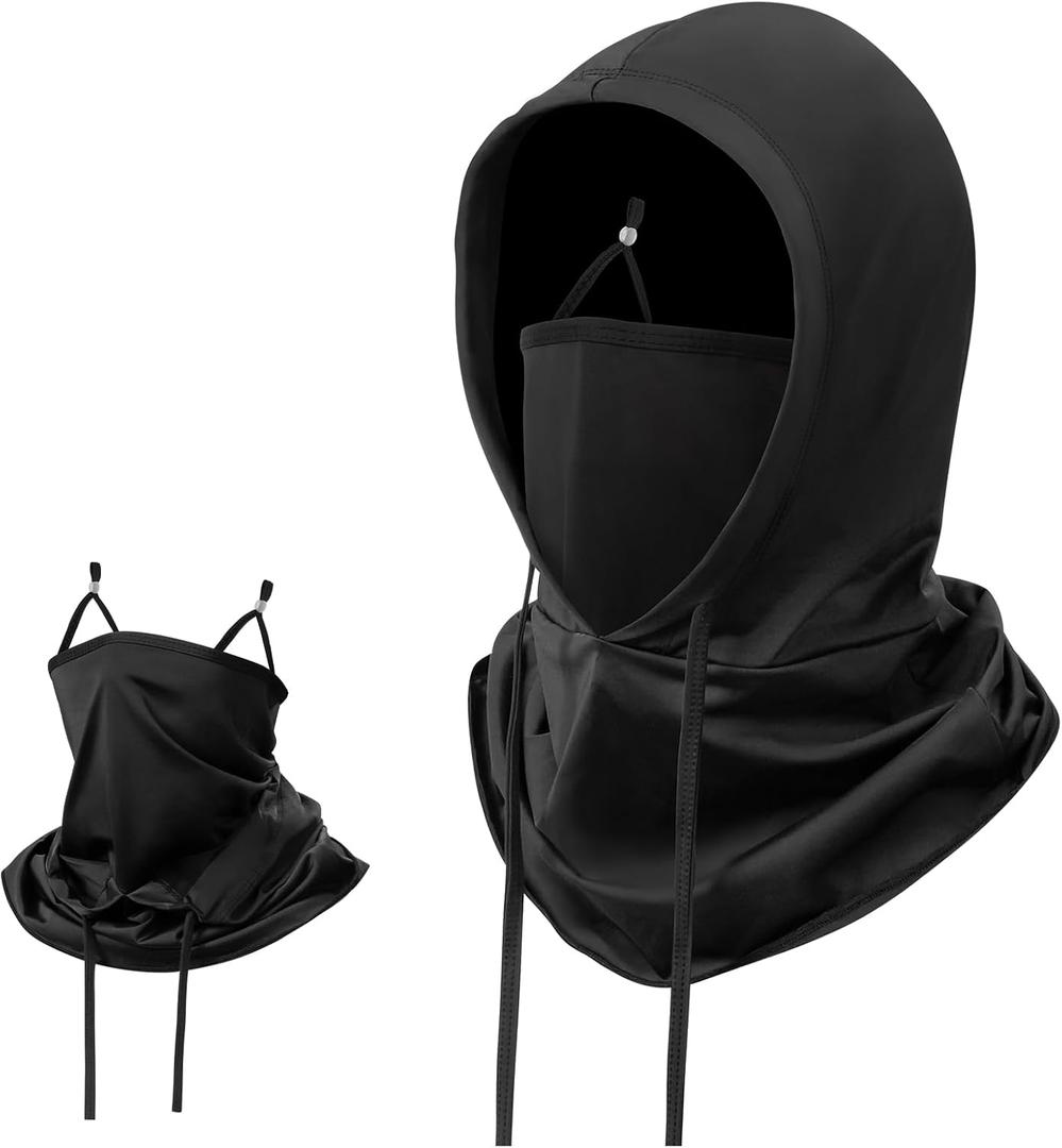 3 in 1 Multifunctional Full Face Cover Ski Mask Balaclava Unisex Hood Drawstring Cap Neck Gaiter for Outdoor Sports (Black)