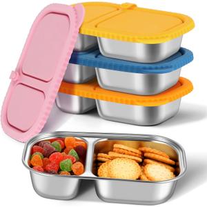 4 Pack Stainless Steel Snack Containers with Silicone Lids, Reusable Stainless Steel Food Containers Snack Box, 2 Compartment Meal Prep Containers for Lunch, Leakproof, Dishwasher Safe