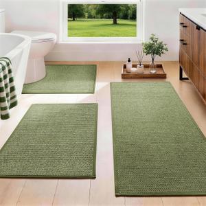 YIHOUSE Green Bathroom Rugs Sets 3 Piece, Quick Dry Thin Bath Mat with Toilet Rug, Non Slip Absorbent Machine Washable, Bath Runner Rugs for Bathtub Sink Home Decor