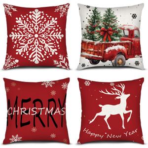 PICKFORU Red Christmas Throw Pillow Covers Set of 4, 18x18 Inch Square Pillow Covers, Deer Snowflakes Pickup Trucks Cushion Case for Sofa Living Room