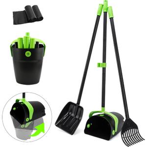 Pooper Scooper Swivel Bin & Rake & Spade Kit with Waste Bags, Max 50" Long Handle Adjustable Portable Non-Breakable for Large Medium Small Dogs, Dry and Wet PoopLawn Yard Dog Kennel