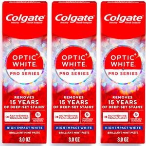 Colgate Optic White Pro Series High Impact White, 3 Pack, Teeth Whitening Toothpaste with 5% Hydrogen Peroxide and ActivShine, Brilliant Mint Flavor, 3.0 OZ