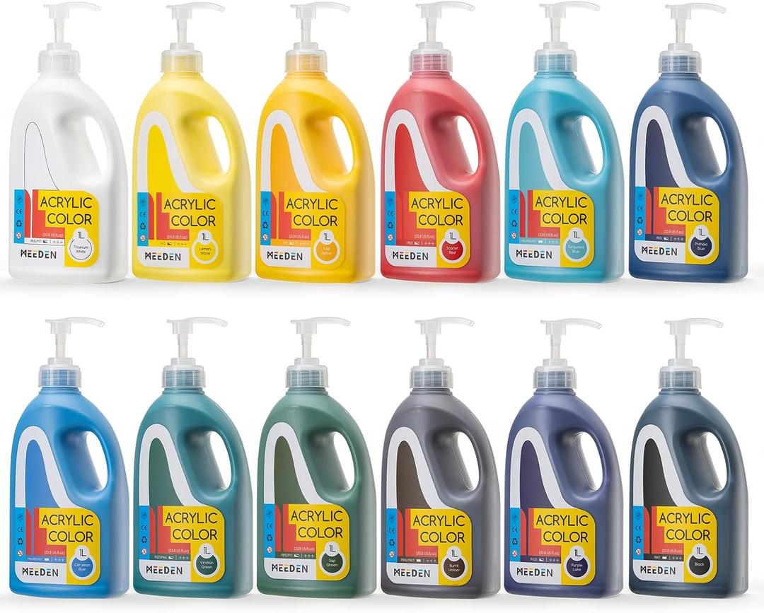 MEEDEN Bulk Acrylic Paint Set: 12 Colors 1 L /33.8 oz Large Acrylic Paint with Pump Lid - Soft Body Art Paints for Canvas, Studio, School, Wall & Poured Paintings, 2.82 Fl Oz