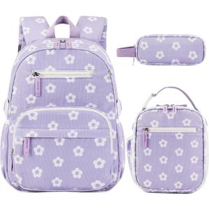 Corduroy Toddler Backpack for Kids 5-8, Kids backpack for Boys Girls with Lunch Box & Pencil Case - 15inch Kids Bookbag for School Preschool Kindergarten Daycare Daypack(Purple Floral) (Purple, S)