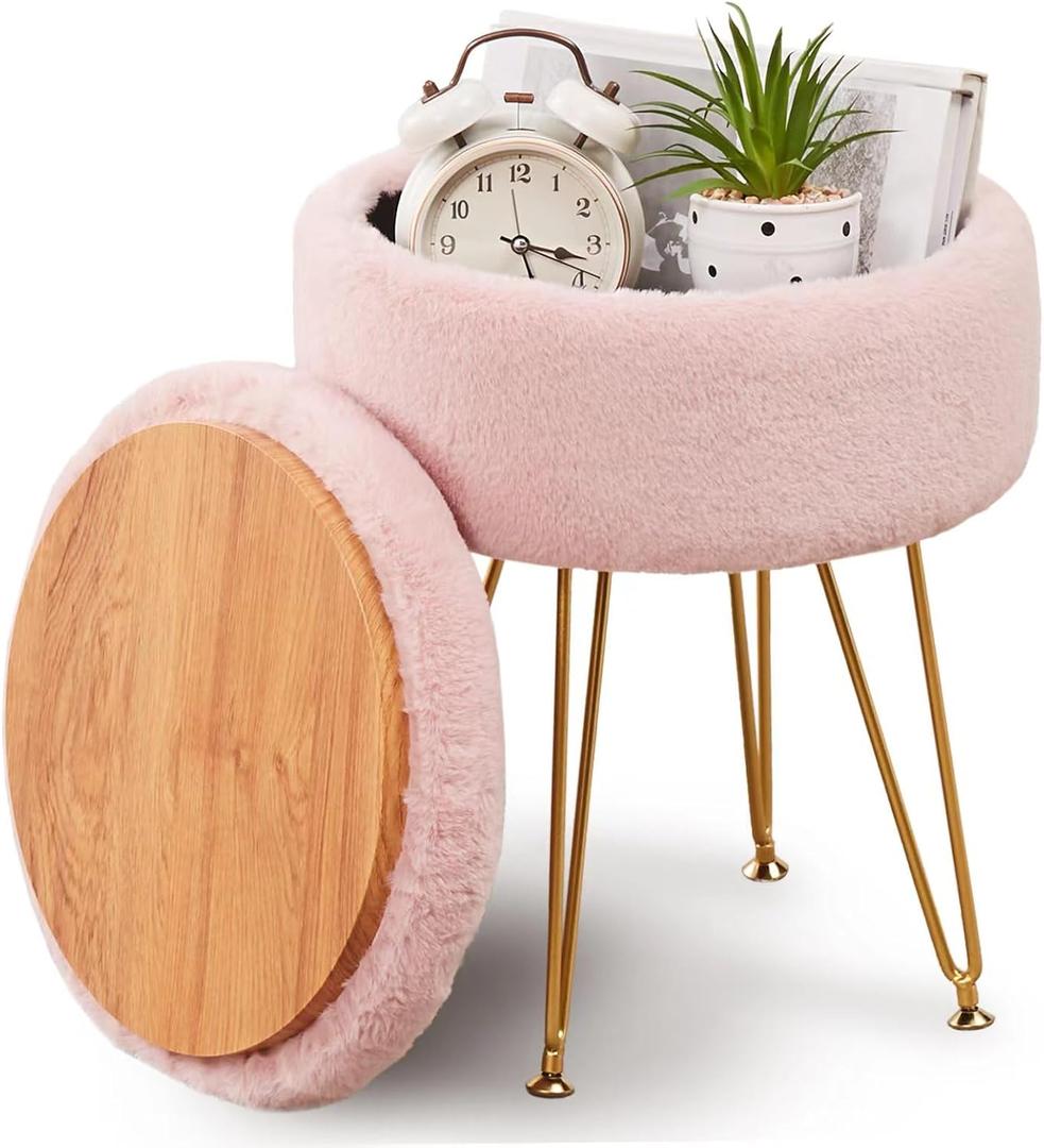 Ottomans Round Faux Fur Ottoman with Storage Footstools Vanity Chair Coffee Table Ottoman for Living Room (Pink)