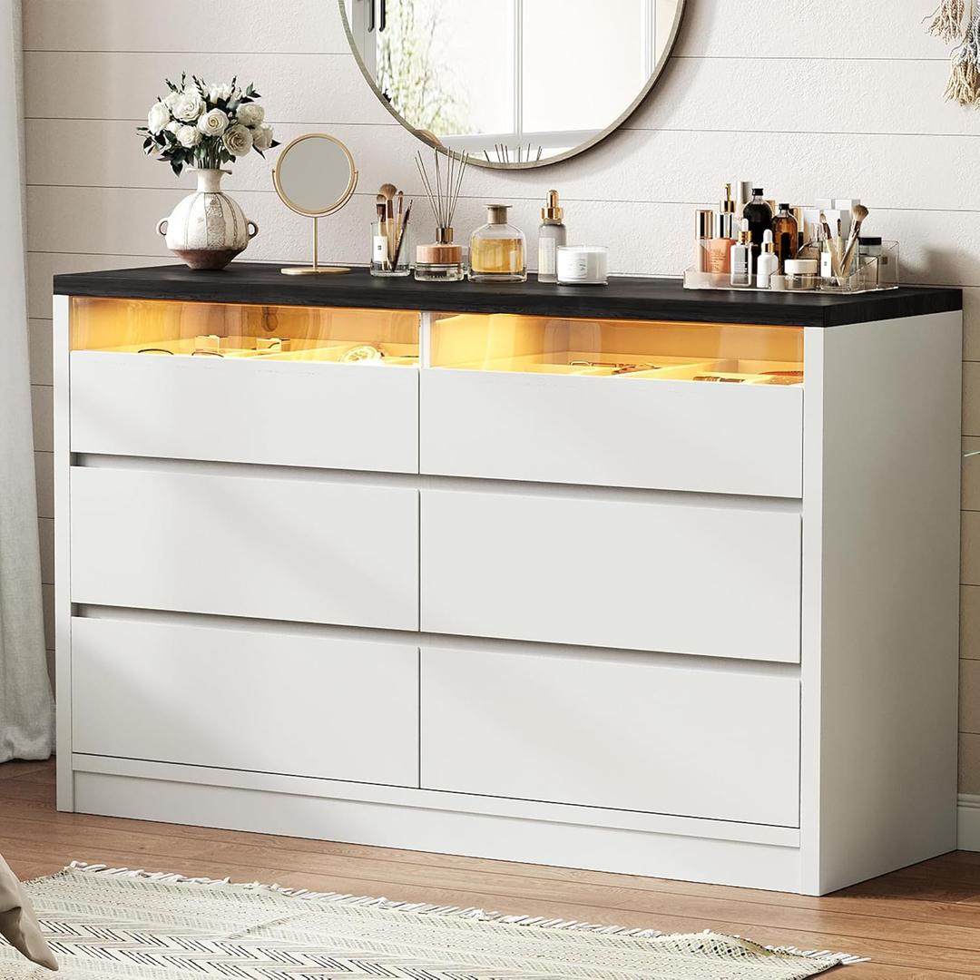 Modern LED 6 Drawer Dresser for Bedroom, White Large Chest of Drawers with Hidden Handles, Long Double Wooden Dresser Closet for Living Room, Entryway, Hallway - White (15.9"D x 47.2"W x 29.7"H (6 Drawers))