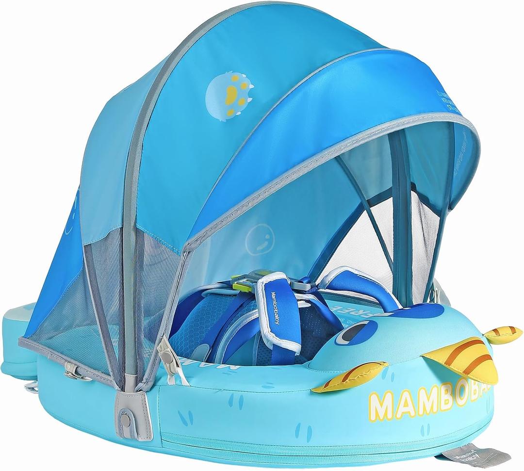 Mambobaby Float with Canopy Size Improved Non Inflatable Infant Baby Pool Float Smart Mambo Float Swim Trainer Add Tail Swim Float Mambo Float Solid Air Free Water Waist Swimming Ring, adjustable