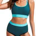 Hanna Nikole Women's High Waisted Bikini Sets Sporty Two Piece Swimsuits Color Block Bathing Suit Cheeky Swimwear, L