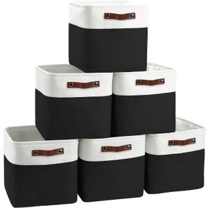 Cube Storage Baskets 6 Pack, 11x11 inch Foldable Cube Storage Bins with Leather Handles for Shelf Closet Nursery Toys (White/ Black)