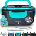 TRAVELISIMO Electric Lunch Box for Adults 100W Heated Lunch Box For Men 1.5L Stainless Steel Portable Food Warmer, 12/24/110V for Travel & Work, Loncheras Electricas Para Calentar Almuerzo (Neon Blue)