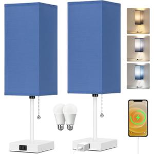 18'' Table Lamp for Bedroom set of 2,3-Color Bedside Lamps with Pull Chain Table Lamps for Night stands ,Small Night Light Lamps with 2 Bulbs Lamps for Living Room Kids Room Office Decor Blue+ White