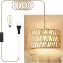 Plug in Pendant Light Rattan Hanging Lights with Plug in Cord, Woven & Fabric 2 in 1 LampShade, Hanging Lamp Plug in for Bedroom Living Room Kitchen Island (Bulb Included) (Beige)